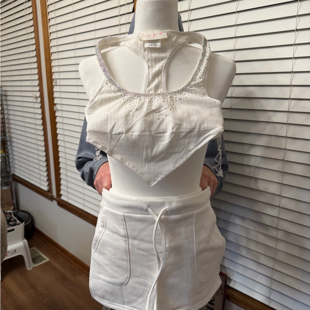 Dolls Kill New Pink White Crop Top with Silver Accents and Skirt Set
